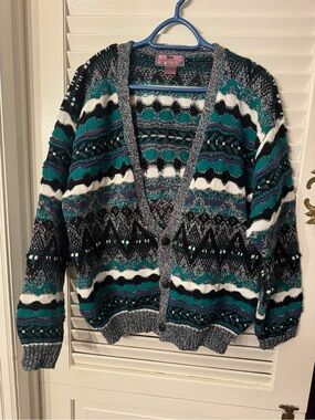 Vintage Concrete Mix Teal & Black Patterned V-Neck grandpa’s Cardigan Sweater L